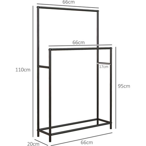 Porte-serviettes autoportant, étendoir à serviettes avec 2 barres, support mural pour salle de bain, métal, 66 x 20 x 110 cm, noir (1/5)