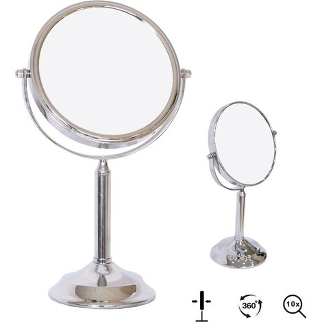 Miroir cosmétique grossissant 10x sur pied – Diamètre 18 cm – Rotation 360° – Acier inoxydable et verre – Pour maquillage précis (1/5)