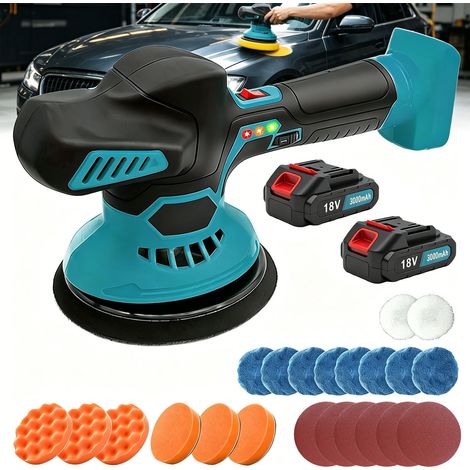 Polisseuse sans fil pour voiture, kit de polissage pour voiture avec 2 batteries 3,0 Ah, polisseuses orbitales excentriques 280 W avec 6 vitesses variables