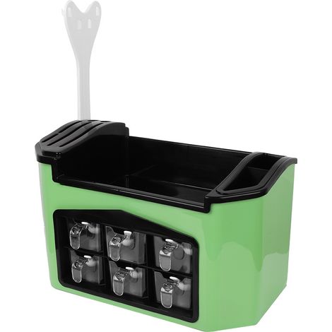 Rangement de cuisine en plastique vert : étagère à couteaux, fourchettes et cuillères, support pour pots d'épices et condiments (1/4)