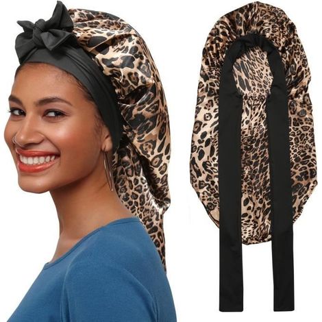 Cuffia da notte (stampa leopardata) – Raso – Stampa leopardata – Elastica – Comoda – Protezione per i capelli (1/4)