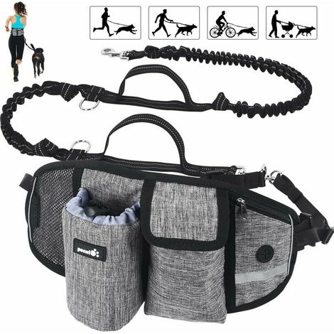 Laisse de course mains libres pour chien avec sac de taille à large soutien dorsal, ceinture de marche réglable pour chien avec plusieurs pochettes et support pour sac à caca, laisse de jogging réfléc