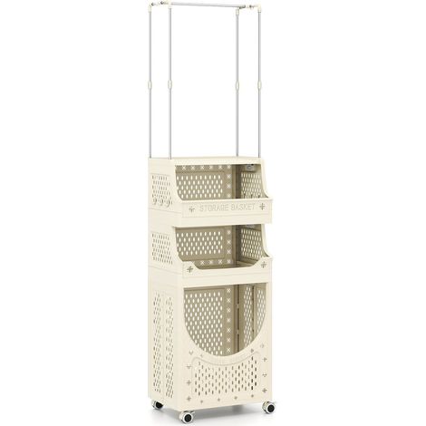 4-stöckiger Wäschewagen mit Kleiderstange, faltbar, beige