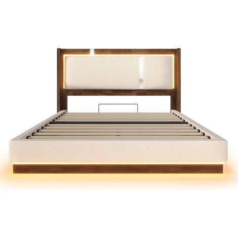 Doppelbett 140x200 cm mit Lattenrost, LED und Stauraum, Beige/Nussbaum MODENUIT (1/5)
