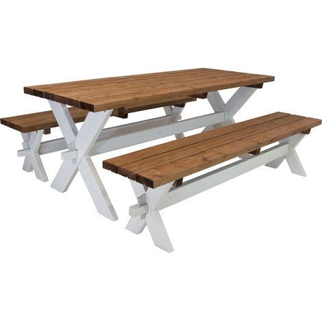 Axi  Celine Table De Pique Nique En Bois Et 2 Bancs 177X75 Cm  Couleur Marron/Blanc, Epicéa  Table Picnic Pour 6 Personnes