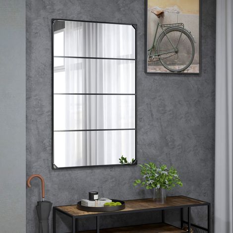 Miroir mural verrière rectangulaire style industriel. horizontal ou vertical avec 4 crochets. en métal noir 109 x 69 cm
