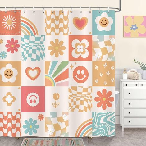 Cortina de ducha estilo retro de los años 70, 180 x 180 cm, tejido de poliéster lavable, impermeable, con 12 ganchos. (1/5)