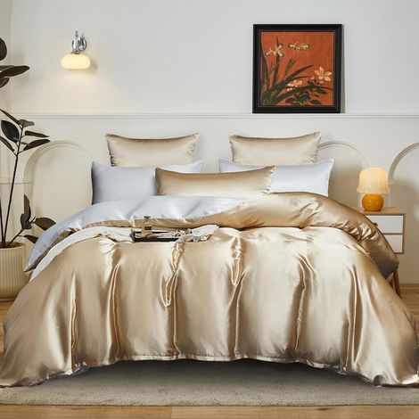 Satin Bettwäsche 200x200 cm Beige/Gold Wendebettwäsche mit Reißverschluss