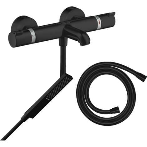 Pack mezclador termostático para baño-ducha HANSGROHE Ecostat Comfort + flexo Isiflex + rociador Pulsify E negro mate