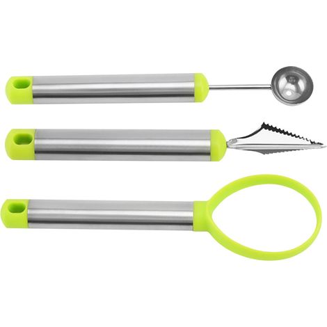 Questo set di tre utensili per intaglio è realizzato in acciaio inossidabile e presenta manici in silicone verde, il che lo rende perfetto per creare oggetti decorativi. (1/4)