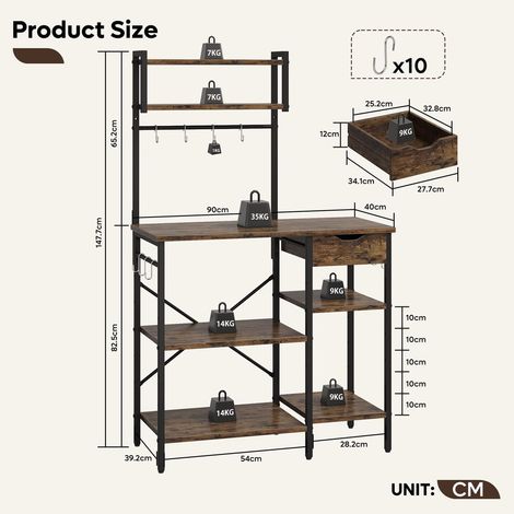 Microwave Oven Rack,Large Kitchen Rack with 2 Height-Adjustable Removable Shelves, Drawers & 10 S-Hooks (1/5)