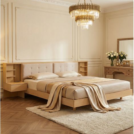 REDOM Cama flotante 220x256x83 cm, cabecero con almacenaje y USB, estantes y cajones, madera de ingeniería natural (1/5)