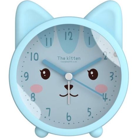 Réveil pour enfants, mignon, animal, chien/chat, silencieux, sans tic-tac, en silicone, veilleuse, horloge de voyage --- Chat bleu