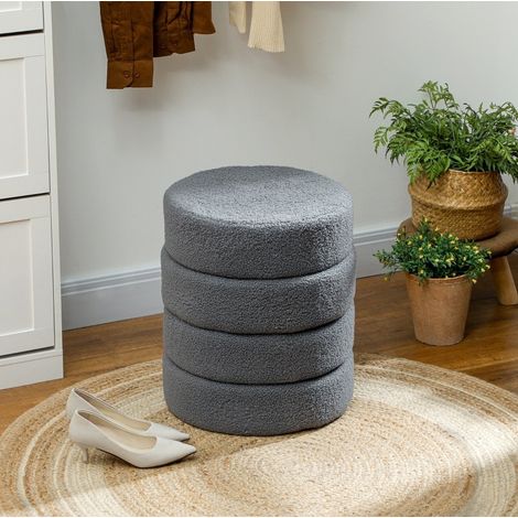 Pouf rond teddy en tissu gris foncé, assise rembourrée, charge 120 kg, compact et polyvalent, prêt à l'emploi, salon chambre  CHICFURN (1/5)