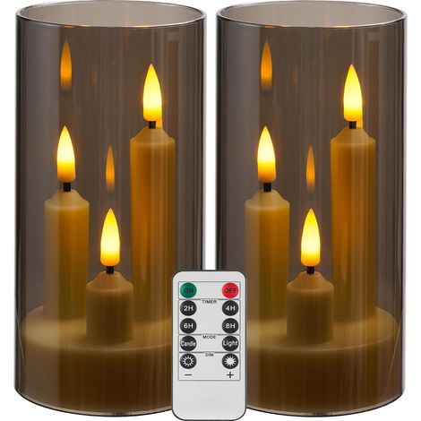 Bougies LED sans flamme - Lot de 2 - Verre gris et 3 mèches - Télécommande et minuterie - Décoration mariage et maison - Hauteur 15 cm (1/5)