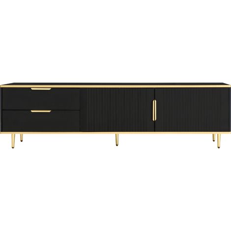 Schwarzes TV-Möbel in Schwarz/Gold aus MDF/Spanplatte mit Schnitzmuster und Metallbeinen (1/5)