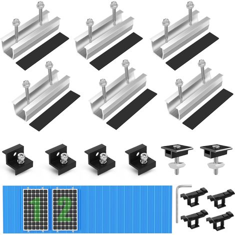 Solar Panel Mounting Kit for 2 Modules, PV Mounting Bracket, 12 cm Rail, 30 mm Water Drainage Clips, Adjustable Clamp for Modules from 30 to 35 mm Thickness-For Flat Roofs, Trapezoidal (1/5)