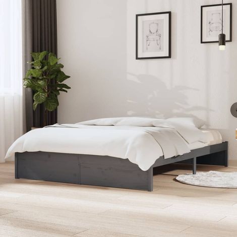 Cadre de lit sans matelas gris bois massif 140x190 cm (1/5)