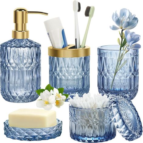 Lot de 5 - Accessoires Salle de Bain - Verre - Distributeur Savon et Porte-Brosse à Dents - Design Taillé Diamant - Pour Maison Moderne - Bleu - Divers Tailles