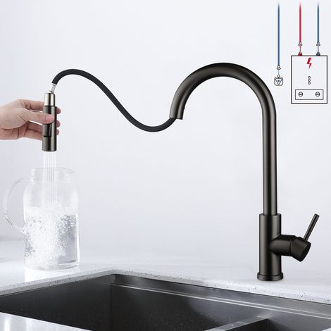 Robinet cuisine inox avec 2 modes, douchette extractible, haut arc pivotant 360°, 3 raccords pour chauffe-eau (1/5)