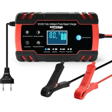 8A 12V/24V tragbares Autobatterieladegerät mit LCD-Bildschirm, geeignet für Autos, Motorräder und LKWs (schwarz, rot) (Nicht zum Laden von Lithiumbatterien geeignet) (1/5)