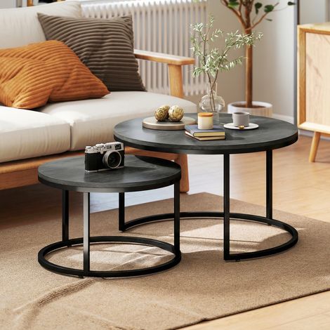 Modernes Kaffeetisch 2er-Set, Stapelbare Beistelltische mit Metallgestell für Wohnzimmer, Schlafzimmer, Büro, Schwarz