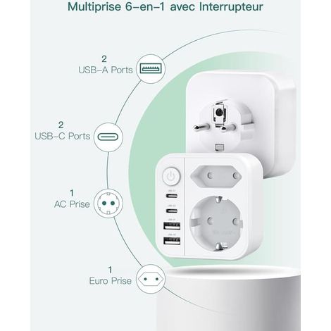 6-i-1 grenuttag, grenuttag avec 2 ports USB A et USB C, alimentation avec batterie externe (4000 W/16 A), contact double (1/2)
