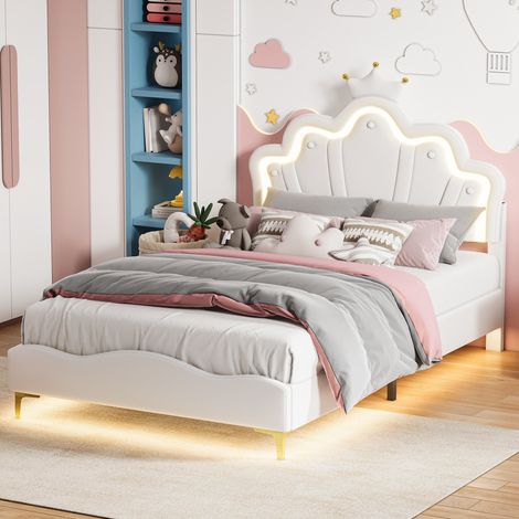 Cama de 140 x 190 cm - Cama infantil de 140 x 190 cm con somier - Estructura de cama acolchada de 140 x 190 cm con cabecero con corona de luces LED RGB - Blanco
