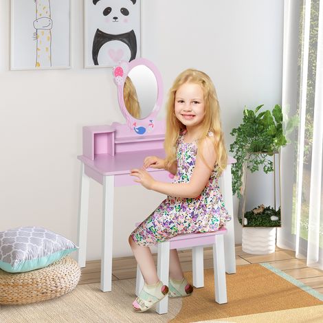 Coiffeuse en bois pour filles à partir de 3 ans. Ensemble coiffeuse jouet avec miroir et tabouret. Rose.
