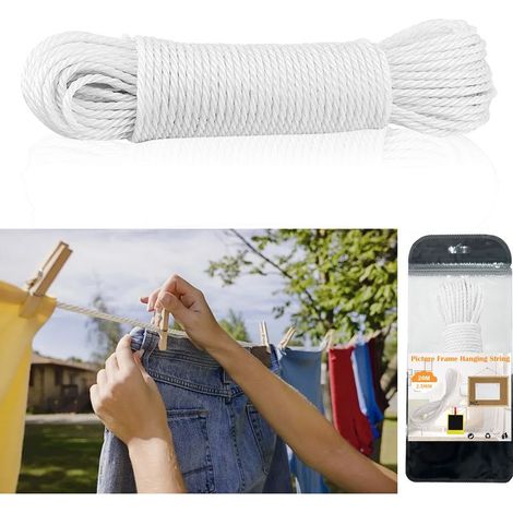 Bilderaufhängeschnur – 2,5 mm x 20 m – Weißes, geflochtenes Nylon – Für Spiegel, Gemälde und Wanddekorationen – 1 Stück (1/5)