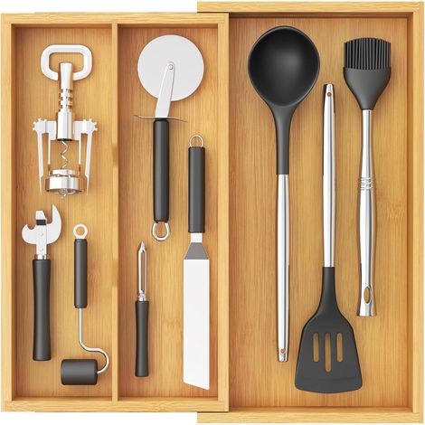 Range Couverts Extensible 2 à 3 Compartiments, Rangement Couvert pour Tiroir en Bambou, Organisation Cuisine, Separateur Tiroir pour Cuillères, Fourchettes, Couverts, Couteaux, Naturel (1/5)