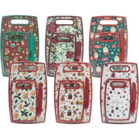 TrAdE Shop Traesio - Set 2 Taglieri Rettangolari In Mdf Polipropilene Con Coltello Cucina Fantasie Natalizie - (1/2)
