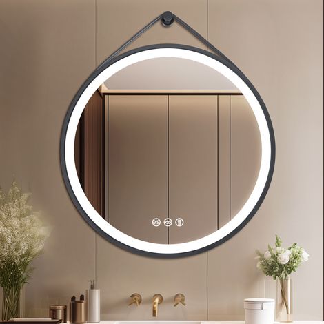 Luvodi – Miroir lumineux de salle de bain rond LED Ø70cm – Anti-buée – Éclairage réglable 3000K/4500K/15000K – Sangle en cuir – Cadre noir