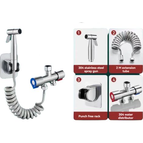 Ensemble de pistolet de pulvérisation pour WC en acier inoxydable 304, pistolet à eau haute pression pour lave-linge, ensemble de pistolet à eau à double jet en acier inoxydable 304 (1/5)