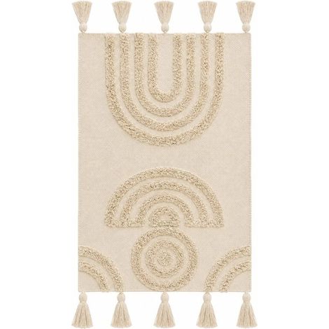Tapis de Sol Rectangulaire en Coton Naturel à Motifs Arcs et Cercles avec Franges - Longueur 80 x Largeur 50 cm (1/3)
