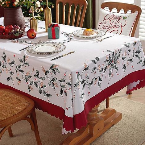 Nappe de Noël rectangulaire en polyester imperméable, imprimée numériquement, avec petits motifs de feuilles. Idéale pour les fêtes et les réunions de famille. Parfaite pour décorer un salon ou toute (1/5)