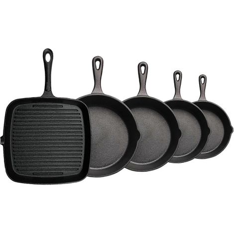 Ensemble 5 poêles fonte pré-culottées : 4 rondes 10/14/16/20 cm + 1 poêle griller carrée 24 cm, compatibles plaques cuisson (1/5)