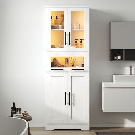 Bathroom Storage Cabinet, dimensions 60 × 30 × 170 cm a freestanding storage unit featuring App-controllable LED light strips, glass doors, and adjustable shelves, with a white finish. (1/5)