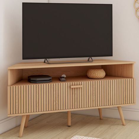 Mueble TV esquinero JULIETTE 110 cm con 1 puerta efecto lamas de roble (1/5)
