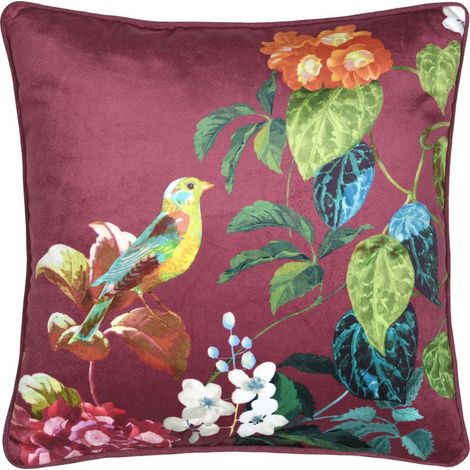Coussin décoratif à motif d'oiseaux et de feuillage, Bordeaux, 40x40 cm (1/2)