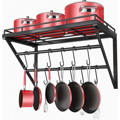 Porte-Casseroles Industrielle, Rack Cuisine avec 12 crochets, Etagère Mural de Suspension pour Ustensiles Support de Pot en Acier Inoxydable - Noir (1/5)