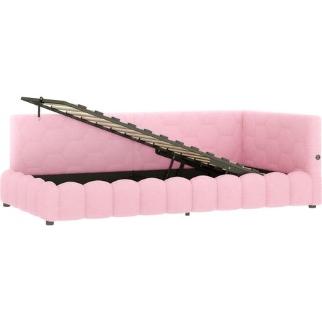 Cama de día 90 x 200 cm con somier, almacenaje hidráulico, LED, USB-C y USB, rosa (1/5)