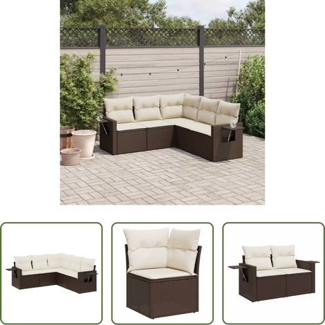 vidaXL Rattan - 5-tlg. Garten-Sofagarnitur mit Kissen Braun Poly Rattan (1/5)