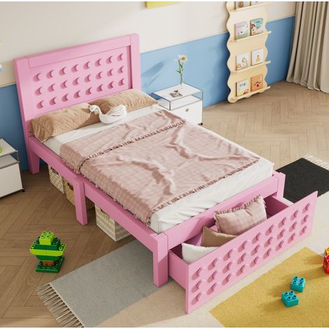 Kinderbett 90/200 cm rosa aus Holz mit Schublade und Stauraum (1/5)