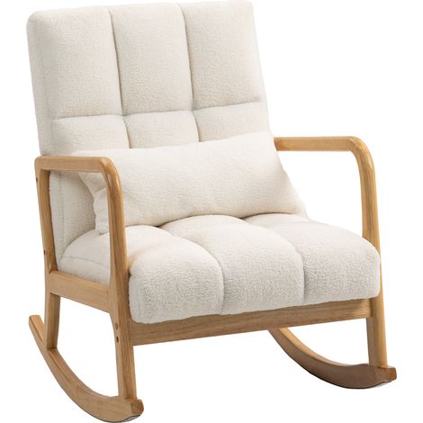 Fauteuil à bascule inclinable 90°-130° avec coussin lombaire, revêtement en tissu sherpa, 64,5 x 82 x 89 cm, coloris blanc et bois (1/5)