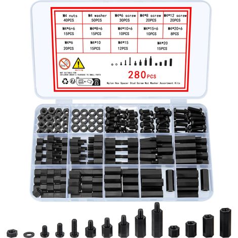 280 Pièces M4 Mâle Femelle Entretoise en Nylon Noir, Hex Entretoise Vis Écrou Pilier Fileté Standoff, Vis Boulons et écrous, Boulons Vis à Tête Cruciforme pour PCB Circuit Électrique (1/5)