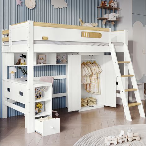 Etagenbett 90x200 cm Mit Schreibtisch Und Schrank Weiß Und Natur (1/5)