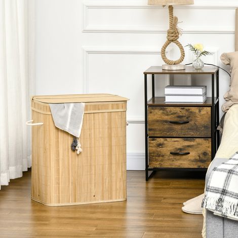Panier à linge 54.2x35.2x59.5 cm bois naturel en bambou avec couvercle, 2 compartiments et sac amovible (1/5)