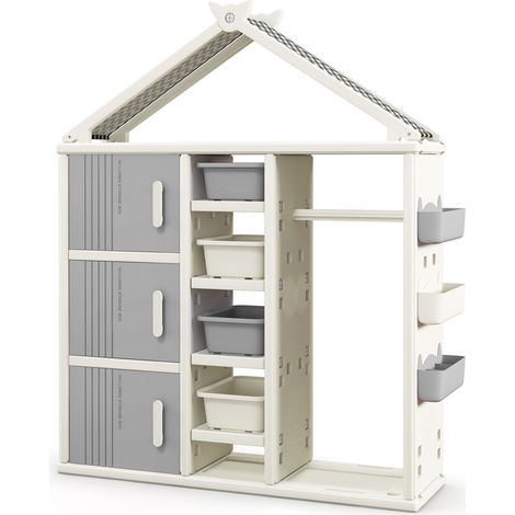Bibliothèque pour Enfants, Armoire à Vêtements Suspendue, Organisateur de Vêtements avec Bac de Rangement, Étagères, Panier Latéral, Gris (1/5)