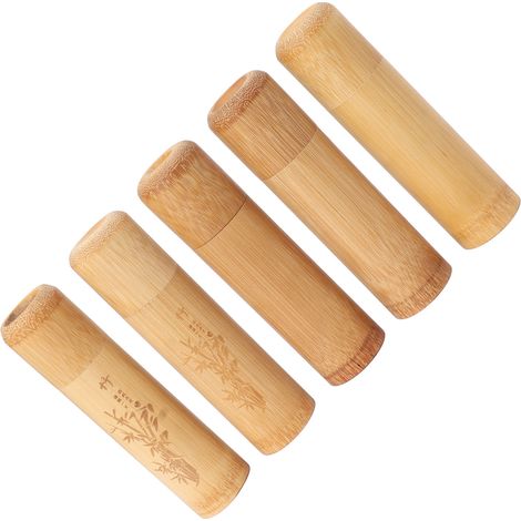 Boîte à thé en bambou 12 cm, lot de 5 pour voyage, rangement café, noix et épices. 2 gravées et 3 unies. (1/5)